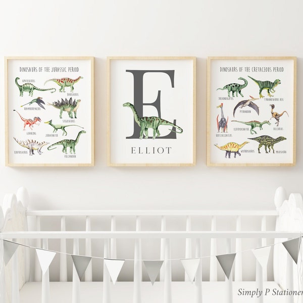 Dinosaur Monogram Boy's Room Art, Dinosaur Chart, Nursery Name Art, Dino Initial Wall Art T Rex Prints Tyrannosaurus Set of 3 Download 641-A