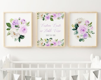 Lilac Floral Custom Text Nursery Art, Printable Lavender Green Custom Bible Verse Scripture Art Print, Purple Art, Set of 3, Download 617-A