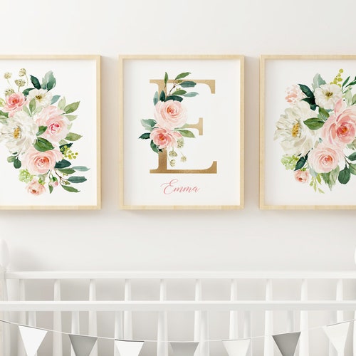 Blush Pink Nursery Floral Monogram Watercolor Letter Nursery Initial Art Floral Nursery with Flowers Light Pink Gold Baby Girl Nursery Art