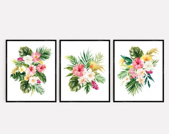 Tropical Floral Printable Art, Pink Hibiscus Home Decor, Tropical Botanical Wall Art, Tropical Greenery Art, Set of 3 Instant Download 636-A