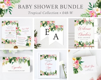 Tropical Pink Floral Editable Baby Shower Bundle, Invitation Book Insert Diaper Raffle Welcome Sign Tags, Baby Girl, Instant Download, 048-W