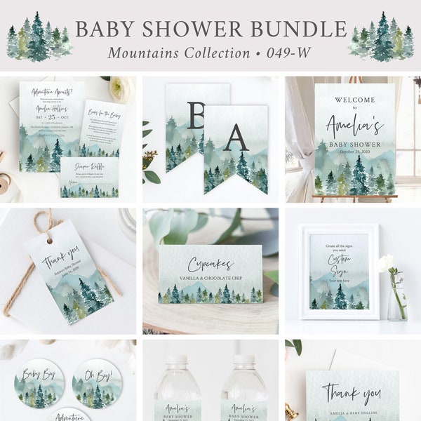 Woodland Editable Baby Shower Bundle, Mountains Invitation Book Insert Diaper Raffle Welcome Sign Tags, Rustic Boy, Instant Download, 049-W