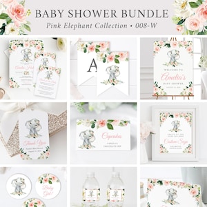 Pink Floral Elephant Editable Baby Shower Bundle, Invitation Book Insert Diaper Raffle Welcome Sign Tags, Baby Girl, Instant Download, 008-W