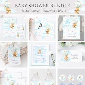 Può includere: Un set per baby shower a tema mongolfiera. Il set include inviti, biglietti di ringraziamento, etichette per bottiglie d'acqua, decorazioni per cupcake e un cartello personalizzato. Il design presenta una mongolfiera blu e bianca con una volpe, un orso e un coniglio.