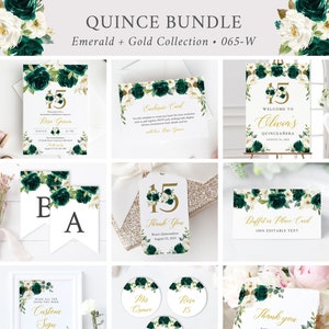 Emerald Green Gold Editable Quinceañera Bundle, Mis Quince Invitation Enclosure Card Welcome Sign Tags Buffet Decor, Instant Download, 065-W