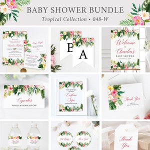 Tropical Pink Floral Editable Baby Shower Bundle, Invitation Book Insert Diaper Raffle Welcome Sign Tags, Baby Girl, Instant Download, 048-W