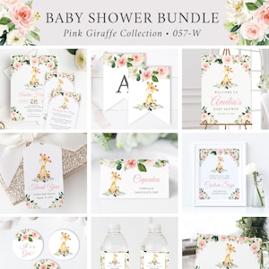 Pink Floral Giraffe Editable Baby Shower Bundle, Invitation Book Insert Diaper Raffle Welcome Sign Tags, Baby Girl, Instant Download, 057-W
