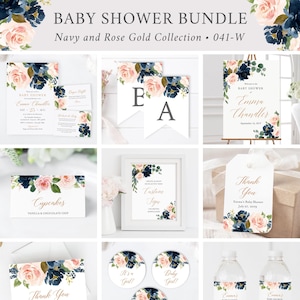 Navy Blush Rose Gold Editable Baby Shower Bundle, Invitation Book Insert Diaper Raffle Welcome Sign Tags, Baby Girl, Instant Download, 041-W