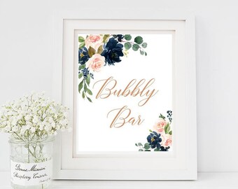 Navy Rose Gold Printable Floral Bubbly Bar Sign, Boho Wedding Bar Sign, Wedding Drinks Bar Sign, Bridal Shower Bubbly Bar, Download 132-W