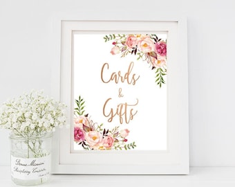 Rose Gold Boho Floral Cards & Gifts Sign, Floral Boho Wedding Sign, Wedding Gift Table Sign, Rose Gold Printable Shower Sign Download 110-RG