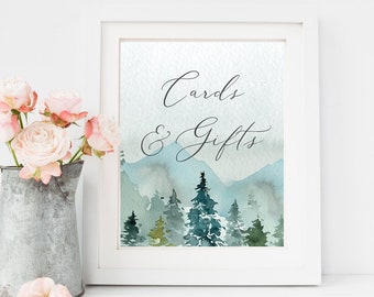 Rustic Woodland Printable Cards & Gifts Sign, Mountain Scene Wedding Sign, Outdoors Wedding Shower Gift Table Sign, Instant Download 134-W