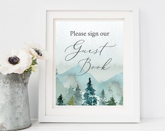 Rustic Woodland Guest Book Sign, Mountain Scene Guest Book Wedding Sign, Outdoors Adventure, Spruce Trees, Printable, Instant Download 134-W