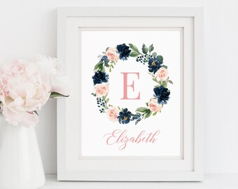 Initial Wall Art Flower Letter V Gold Nursery Print Sign Poster Printable Instant Download Monogram Floral Wreath D\u00e9cor botanical Alphabet