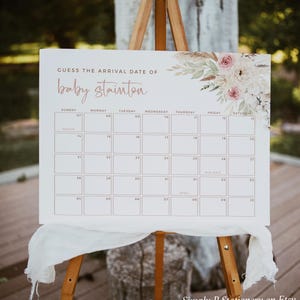 Boho Baby Due Date Kalenderspiel, Baby-Geburtstagsposter erraten, Geburtstagsvorhersagen Duschspiel, Blush Pampas Grass, bearbeitbare Vorlage, 028-W