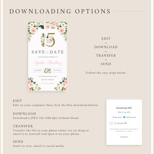 May include: A pink and white floral save the date card with gold lettering. The card says "Save the Date" for the quincea&ntilde;era celebration of Sophia Martinez. The date is Saturday, August 25th, 2000 and the location is Anywhere, California.