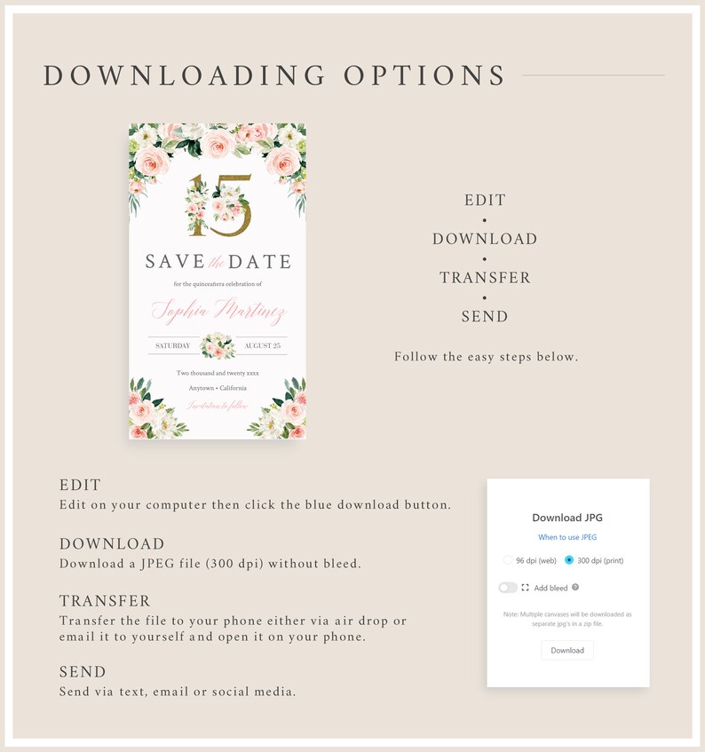 May include: A pink and white floral save the date card with gold lettering. The card says "Save the Date" for the quincea&ntilde;era celebration of Sophia Martinez. The date is Saturday, August 25th, 2000 and the location is Anywhere, California.