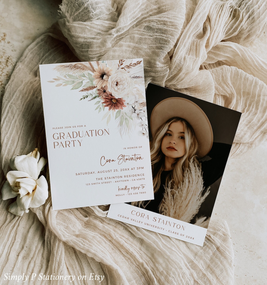 Boho Graduation Party Invitation, Pampas Grass Photo Invite, Bohemian