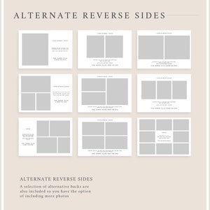 May include: A selection of white card designs with grey photo placeholders and text. The text reads "ALTERNATE REVERSE SIDES" and "CHRISTMAS 20XX". The bottom of the image states "A selection of alternative backs are also included so you have the option of including more photos."