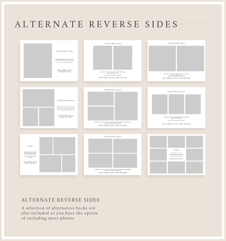 May include: A selection of white card designs with grey photo placeholders and text. The text reads "ALTERNATE REVERSE SIDES" and "CHRISTMAS 20XX". The bottom of the image states "A selection of alternative backs are also included so you have the option of including more photos."