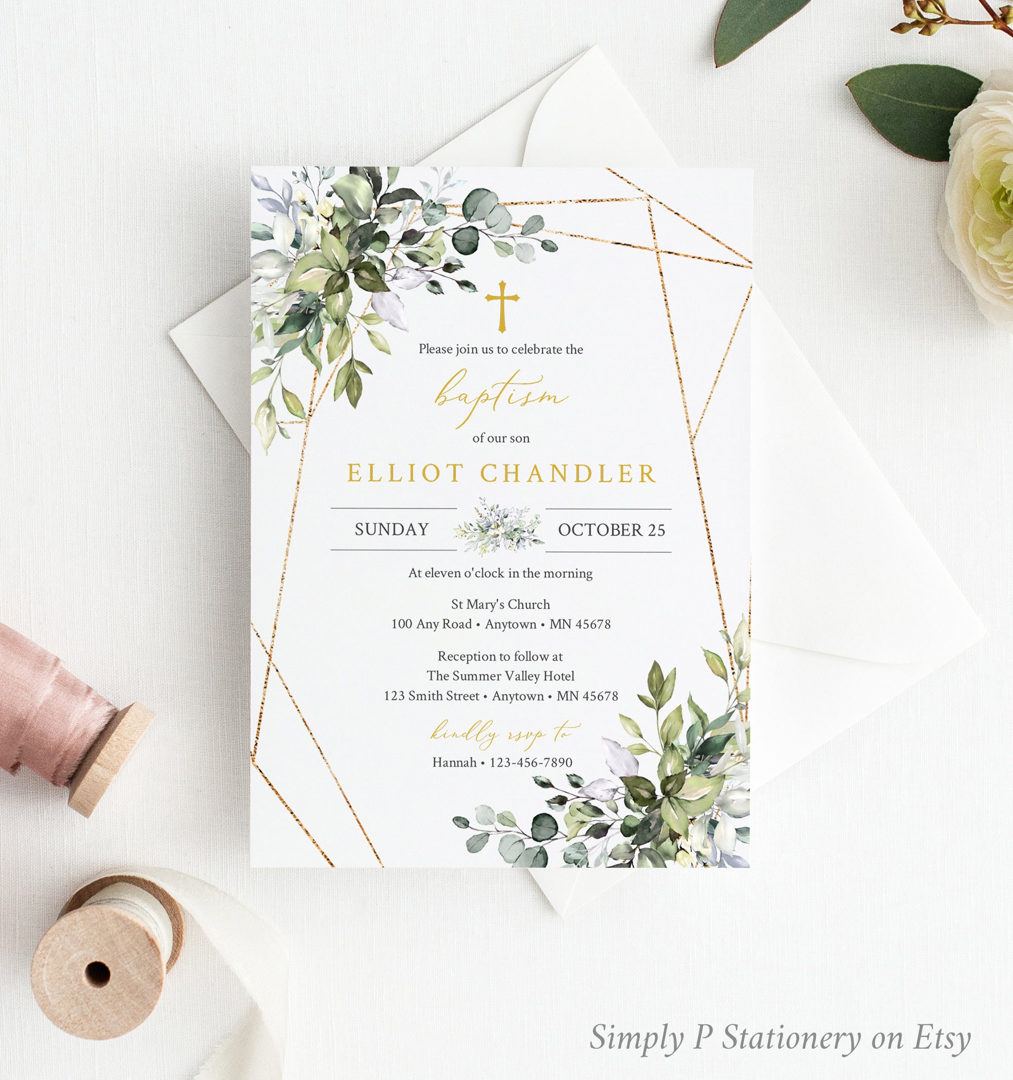 Religious Invites Printed OR Printable Greenery Invitations Gold Geometric Invite Baptism Invitation