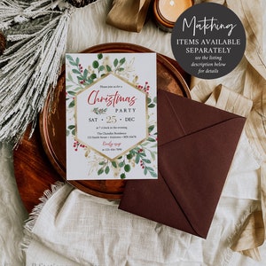 May include: A festive Christmas party invitation featuring a gold geometric design with red berries and green foliage. The invitation, with event details, is on a white background. A dark red envelope is placed beside it. The text reads "Christmas Party".