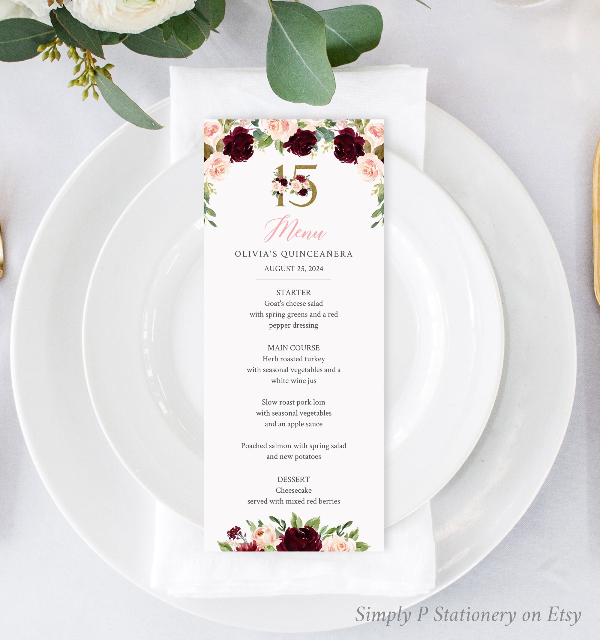 Burgundy Blush Gold Editable Quinceañera Menu Floral Party Etsy