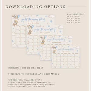 Op de afbeelding: Printbare baby shower-spelkalender met een ontwerp van blauwe en witte wolken en sterren. De kalender heeft de tekst "raad het aankomstdatum van" en "baby [naam]" met een schattige teddybeer die ballonnen vasthoudt. De kalender is verkrijgbaar in vier formaten: 20,3&nbsp;x&nbsp;25,4&nbsp;cm, 27,9&nbsp;x&nbsp;35,6&nbsp;cm, 40,6&nbsp;x&nbsp;50,8&nbsp;cm en 45,7&nbsp;x&nbsp;61&nbsp;cm.