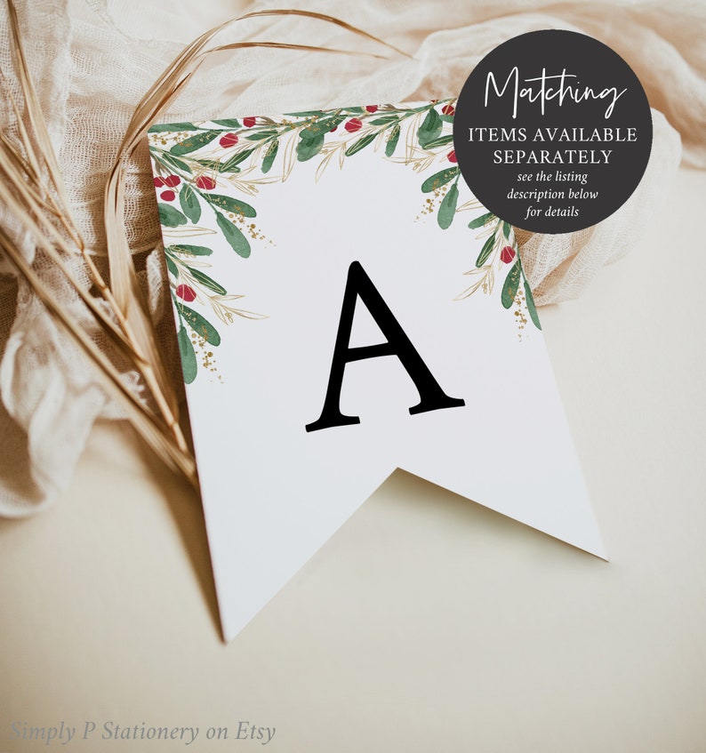 May include: White banner flag with a large black letter "A". The top edge is decorated with green leaves, red berries, and gold accents. A black circle with white text reads "Matching Items Available Separately".