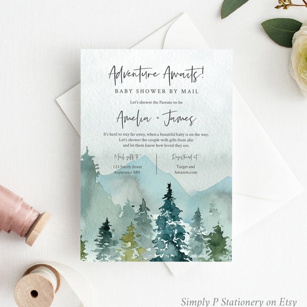 Woodland Editable Baby Shower By Mail Invitation, Quarantine Social Distancing, Rustic Mountains Virtual Shower, Boy, Instant Download 049-W