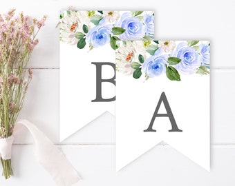 Blue Floral Editable Bunting, Blue Greenery DIY Banner Template, Girl Boy Printable Bunting, Garland Templett, Instant Download, 006-W 007-W