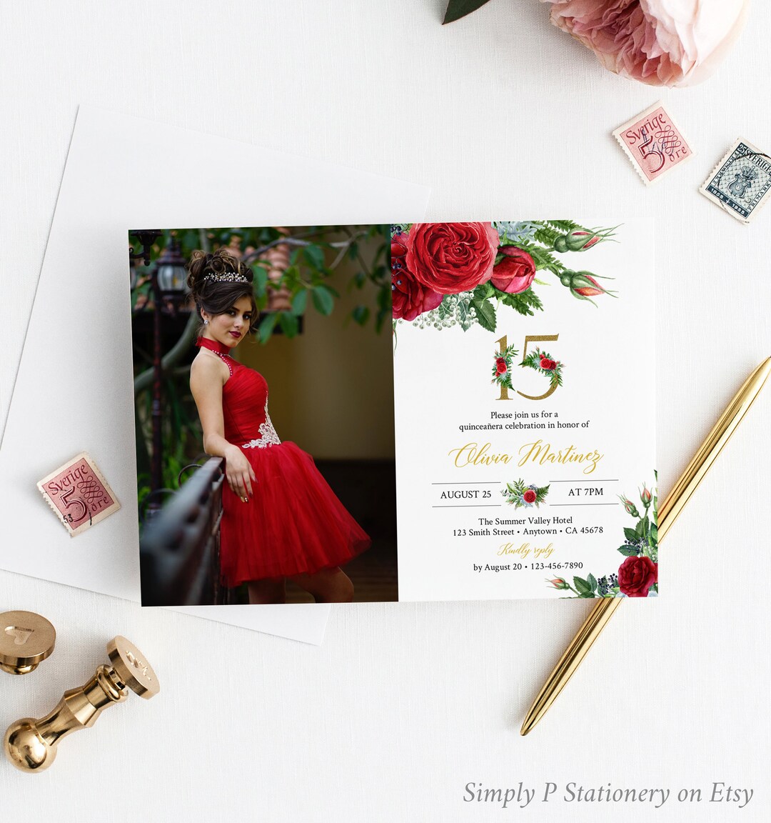 Red Rose Editable Photo Quinceanera Invitation, Printable Red Gold ...