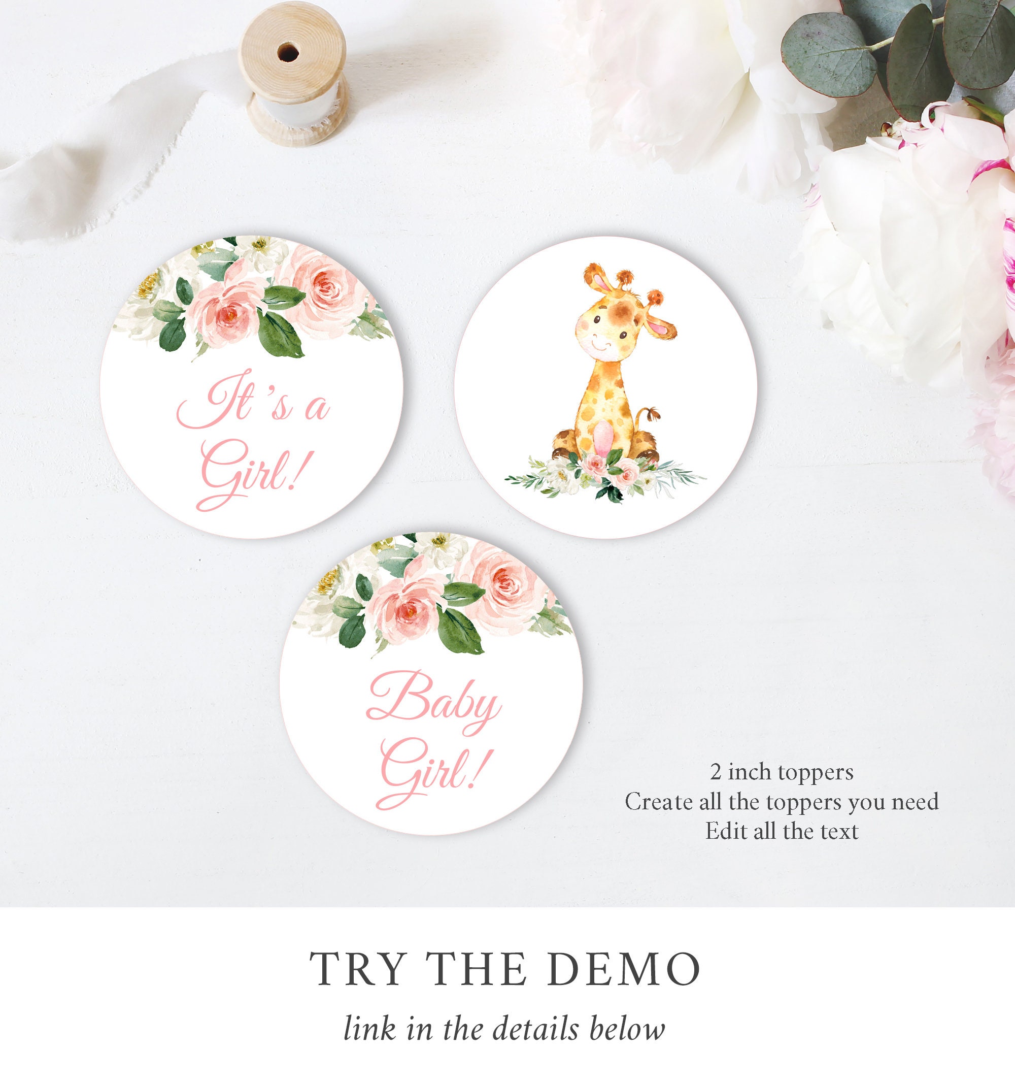 Pink Floral Giraffe Editable Cupcake Toppers Blush Printable | Etsy