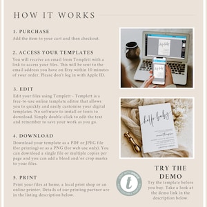 May include: Promotional image with instructions on how to use templates. Includes a laptop, smartphone, and a printed card with "hello baby" in script. A gold-coloured wax seal is also visible. Text reads "HOW IT WORKS".