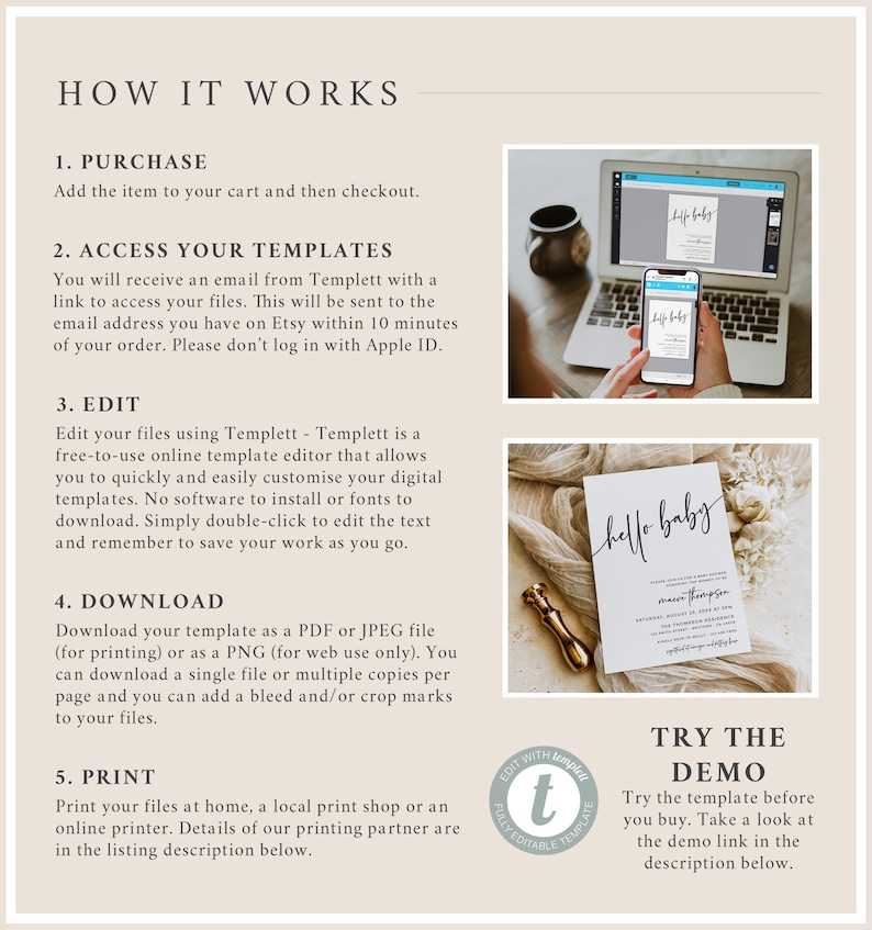 May include: Promotional image with instructions on how to use templates. Includes a laptop, smartphone, and a printed card with "hello baby" in script. A gold-coloured wax seal is also visible. Text reads "HOW IT WORKS".