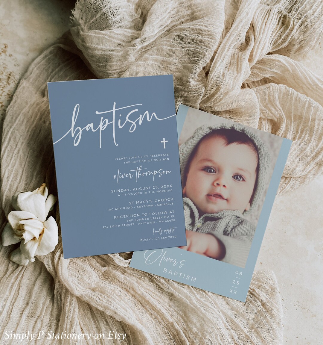 Dusty Blue Baptism Invitation, Boy Christening Invite, Printable Boy