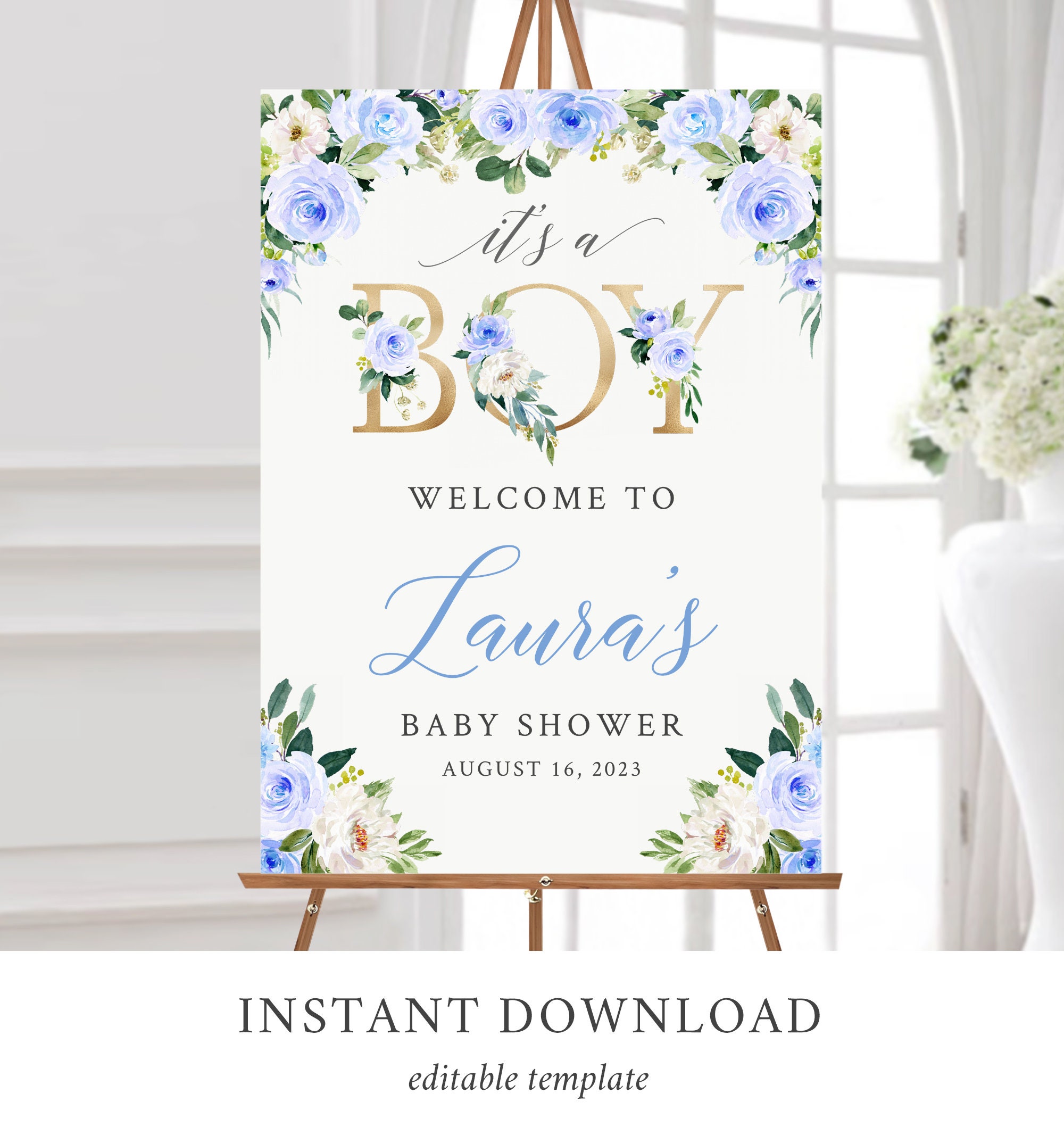 It's a Boy Blue Gold Floral Editable Baby Shower Welcome - Etsy