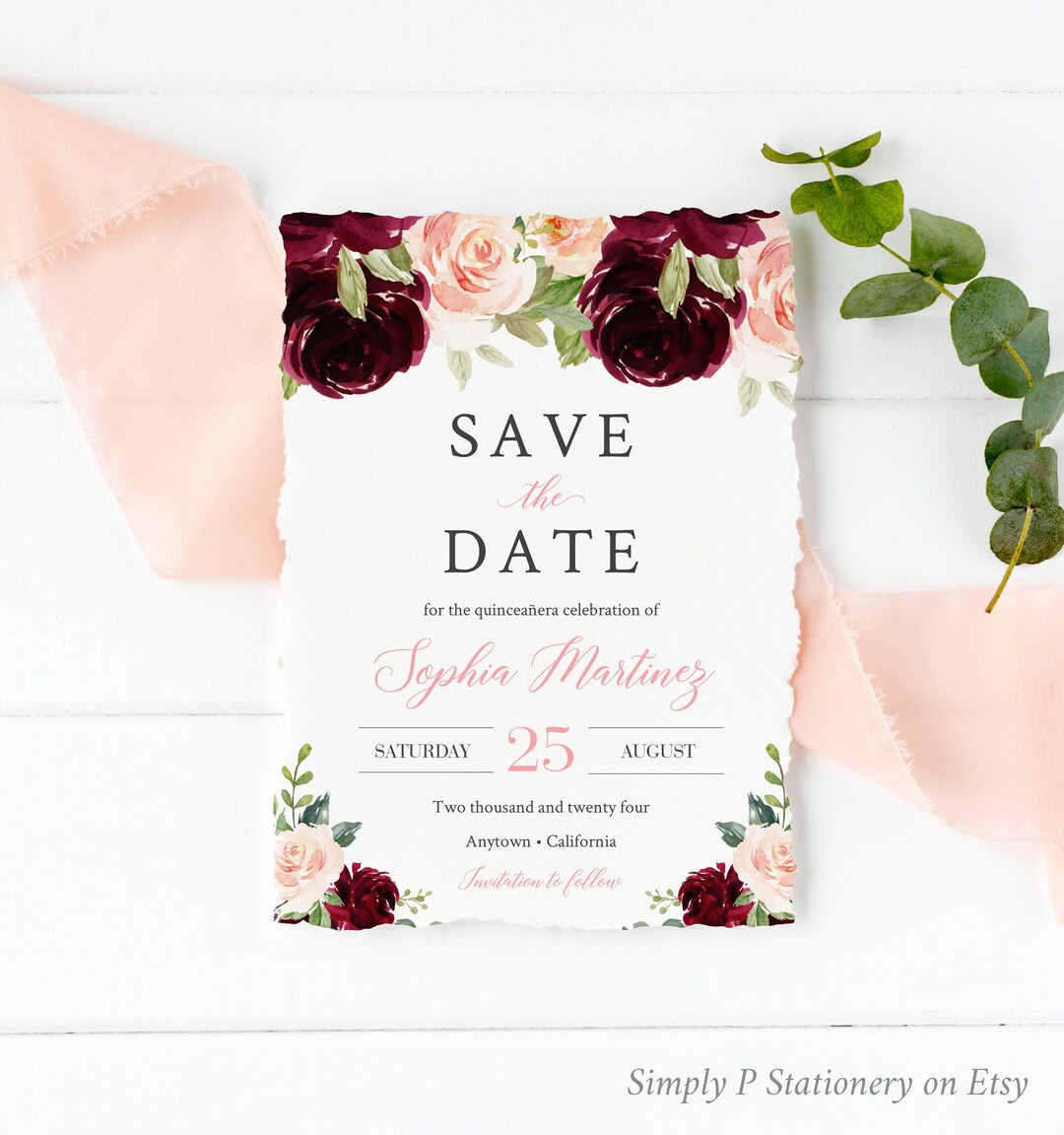 Burgundy Blush Gold Floral Quinceanera Editable Save the Date