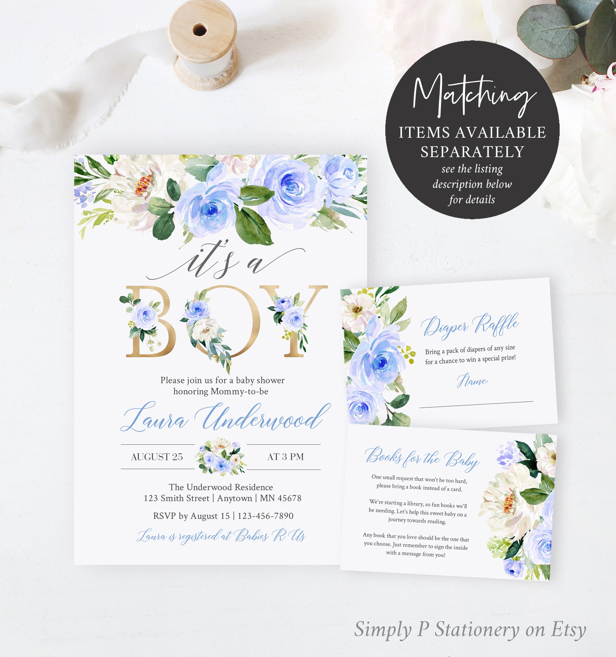 It's a Boy Blue Gold Floral Editable Baby Shower Welcome | Etsy