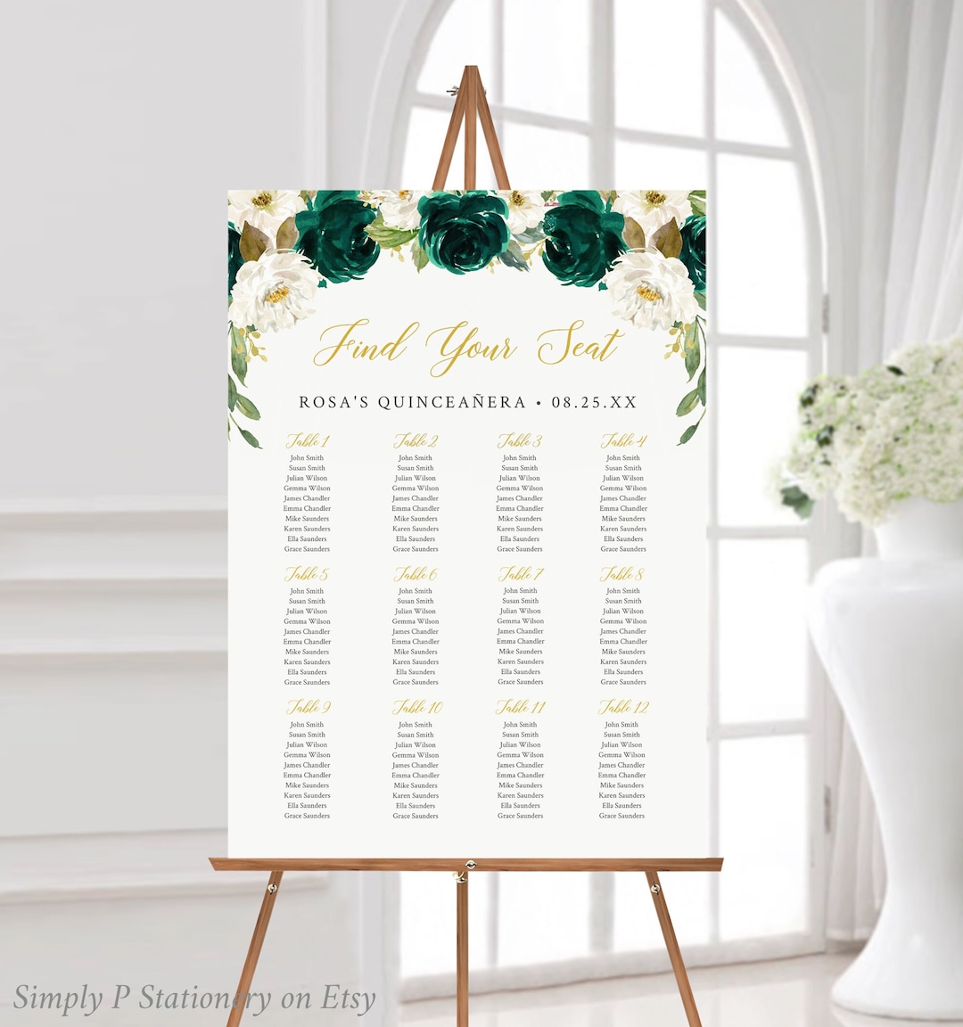 Quinceanera Seating Chart Template, Emerald Gold Seating Chart, Quince