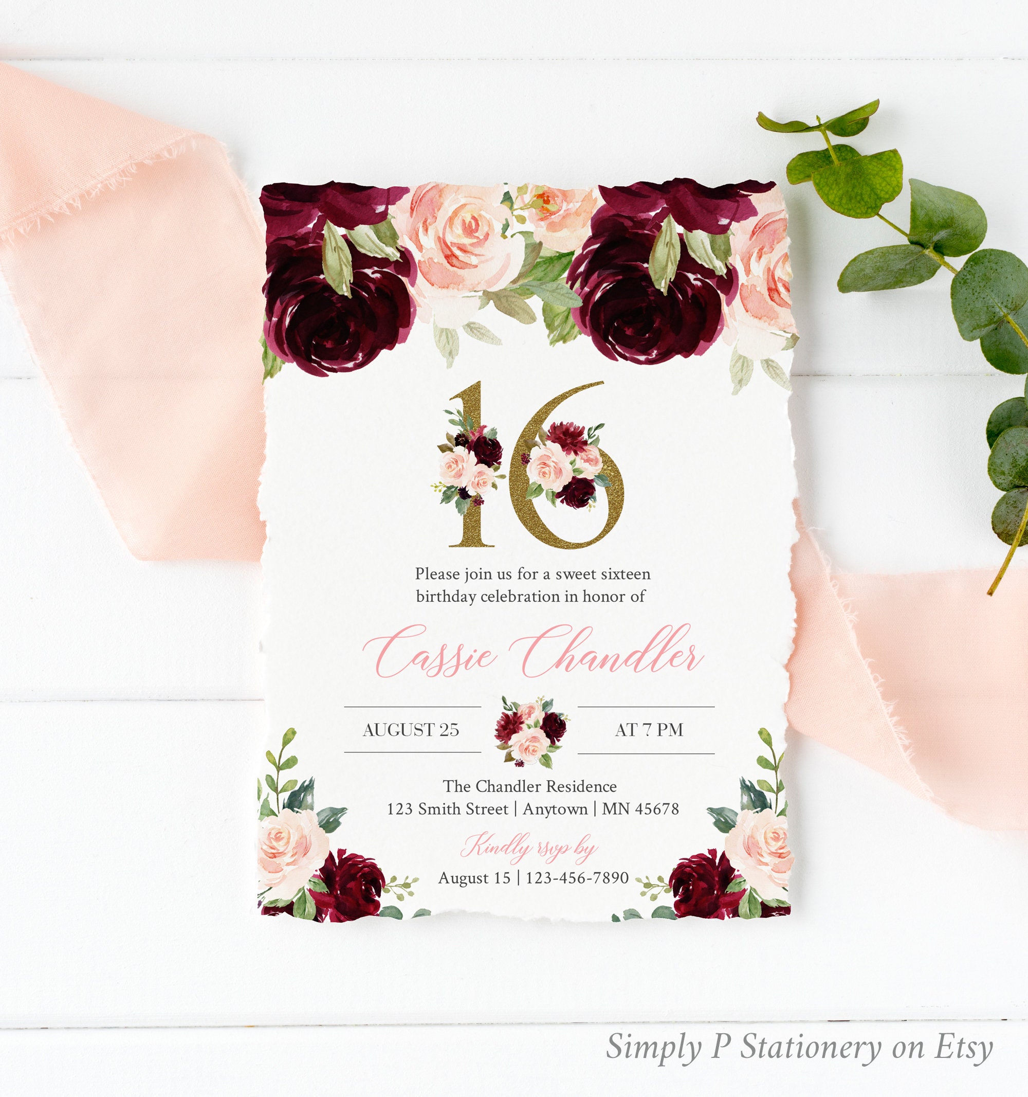 Sweet 16 Boho Dusty Pink Floral 16th Birthday Invitation