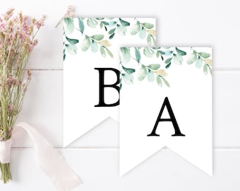 Eucalyptus Editable Bunting, Greenery DIY Banner Template, Foliage Custom Banner, Botanical Printable Bunting Garland Instant Download 022-W