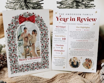 Year In Review Christmas Card Template, Bow Family Newsletter, Overview Year Card, Editable, 225-A