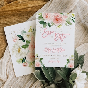 Sweet Sixteen Save the Date, Sweet 16 Save the Date Karte, Blush Floral Save the Date Vorlage, druckbare 16. Geburtstag Save, bearbeitbar, 009-W