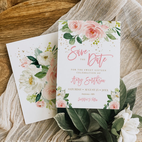 Sweet Sixteen Save the Date, Sweet 16 Save the Date Card, Blush Floral Save the Date Template, Printable 16th Birthday Save, Editable, 009-W