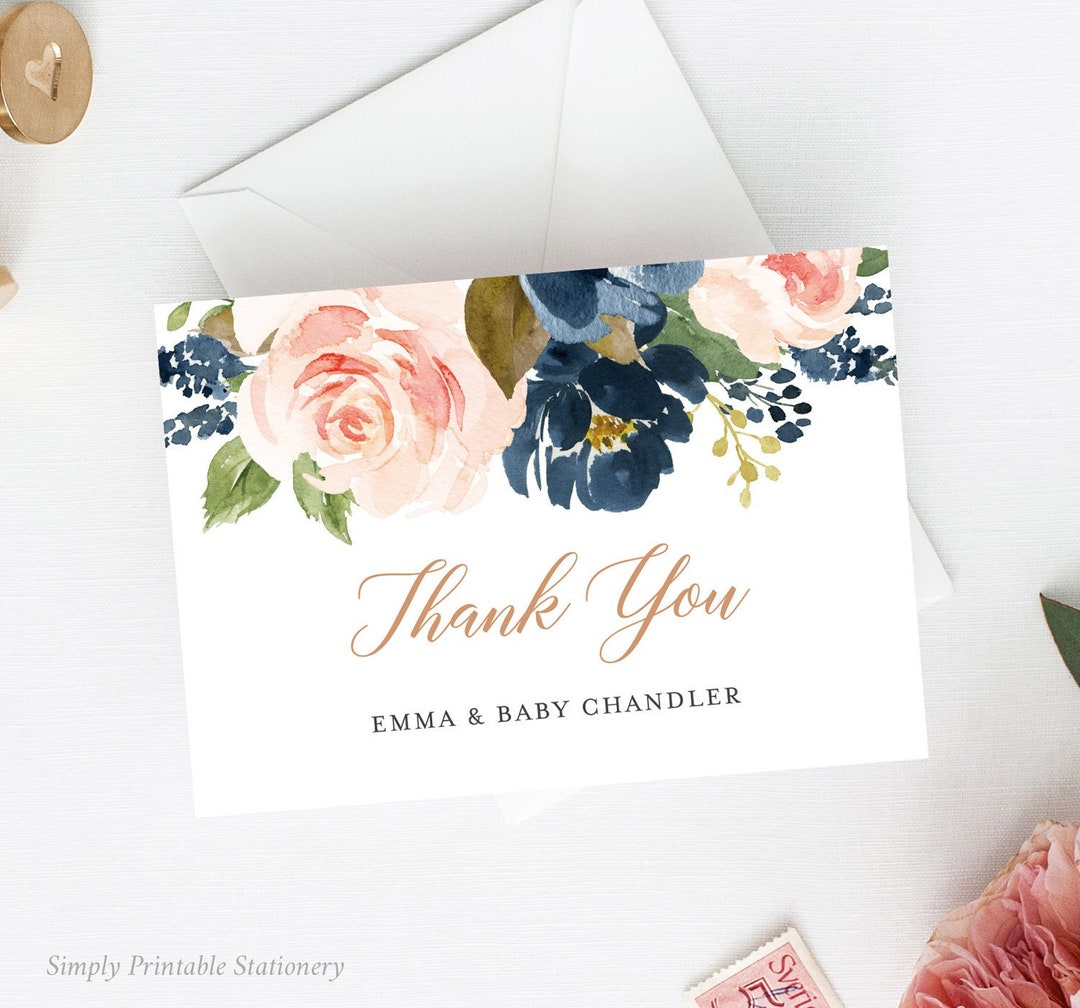 Navy Pink Rose Gold Editable Thank You Card, Printable Blush Blue Thank ...