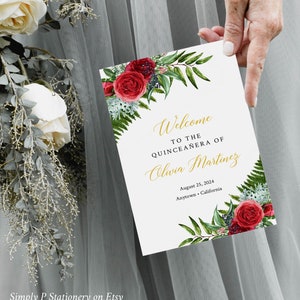 Editable Red Rose Floral Quinceañera Booklet Program, Red Gold Printable Mis Quince Bi-Fold Template, 15 XV Años, Instant Download 058-W