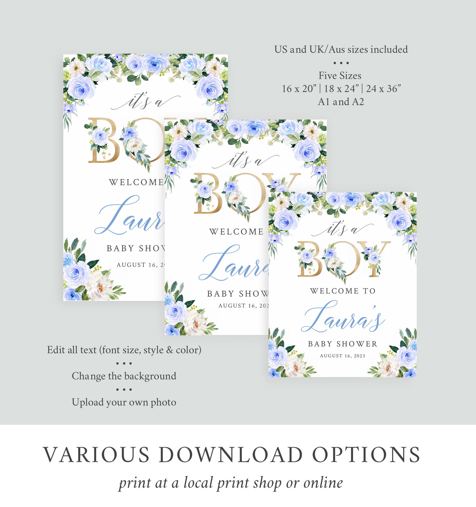 It's a Boy Blue Gold Floral Editable Baby Shower Welcome - Etsy