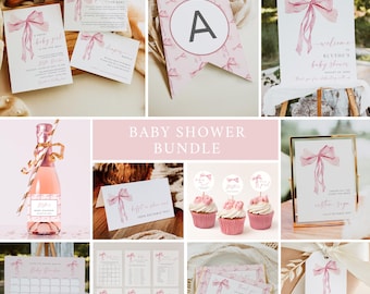 Pink Bow Baby Shower Bundle Girl Baby Shower Invite Set, Blush Ribbon Baby Shower Pack, Modern Bow Baby Shower Kit, Editable Template 053-A