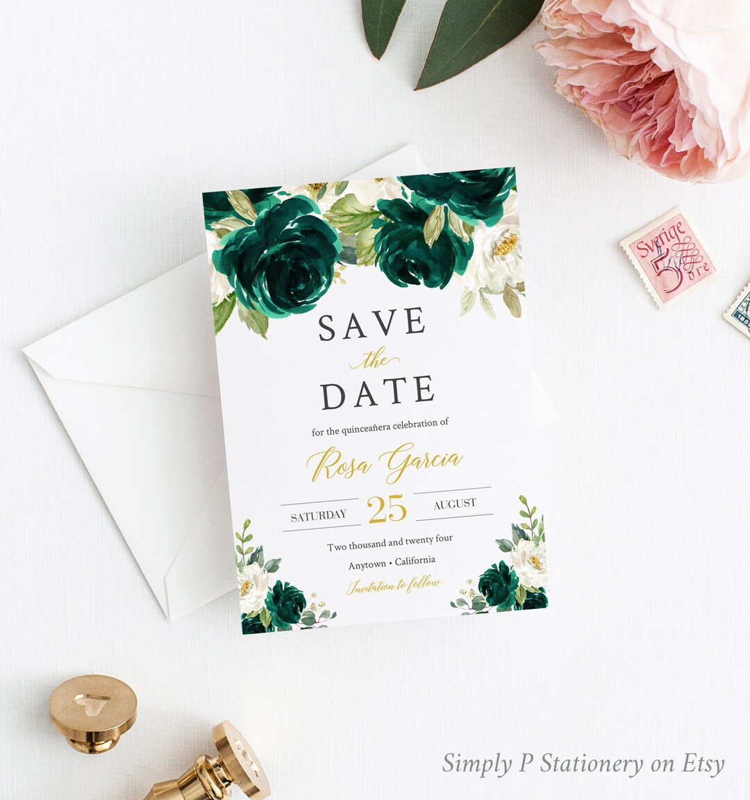 Emerald Green Gold Floral Quinceanera Editable Save the Date, Printable