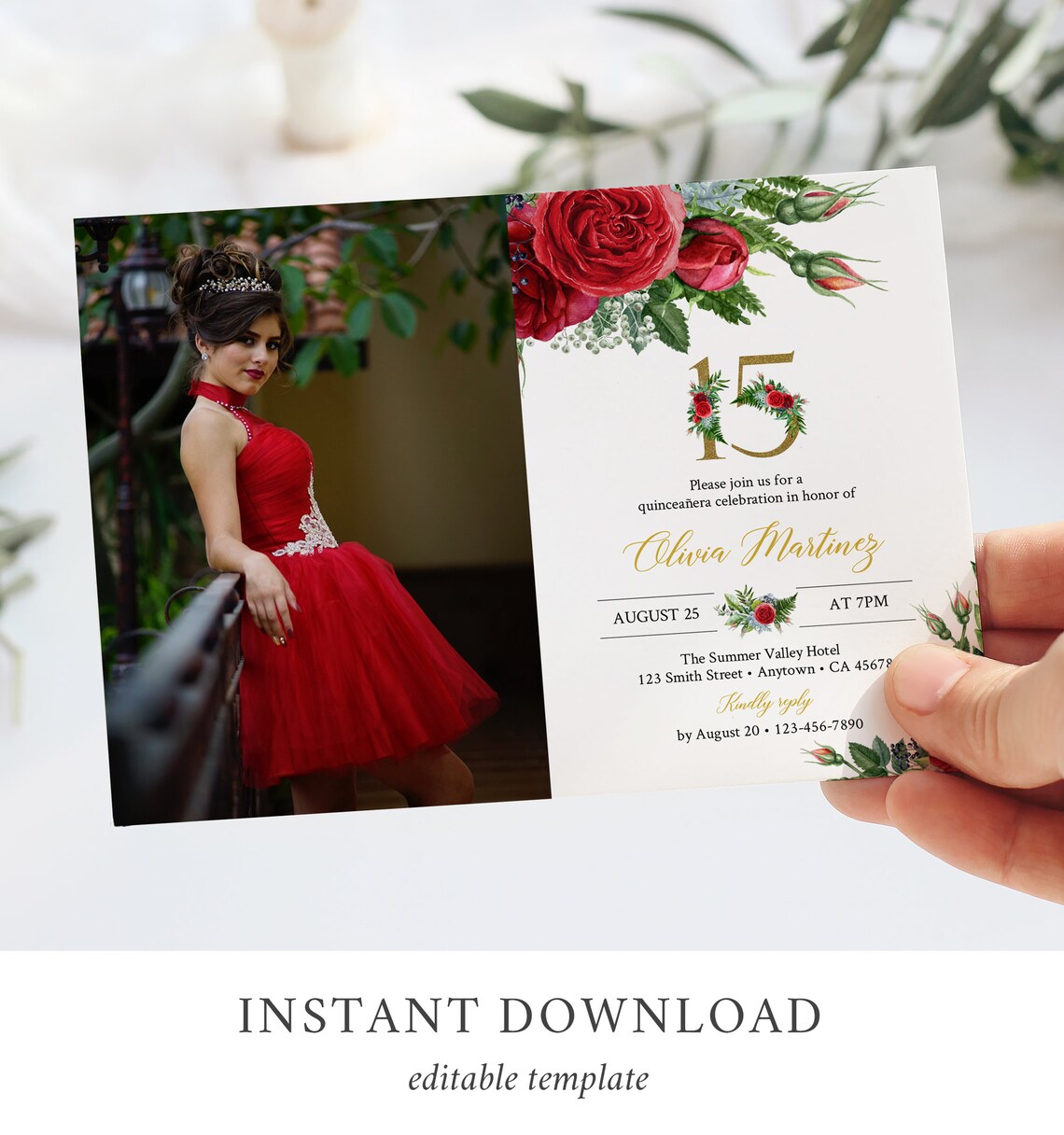 Red Rose Editable Photo Quinceanera Invitation, Printable Red Gold ...